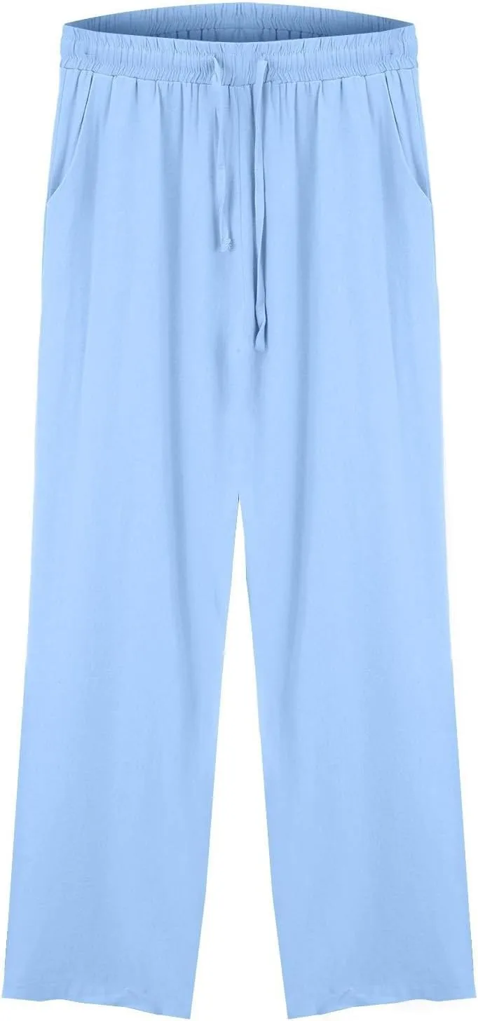 Wide Leg Pants Women Linen Casual Beach Summer Lounge Pants Travel Work Trousers with Pockets for Walking