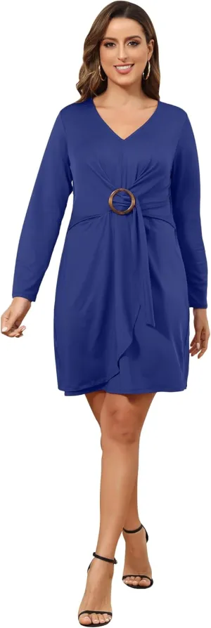 WINDMILL Women's Long Sleeve V Neck Midi Dress Plus Size Tie Waist Work Office Slit Casual Mini Dress