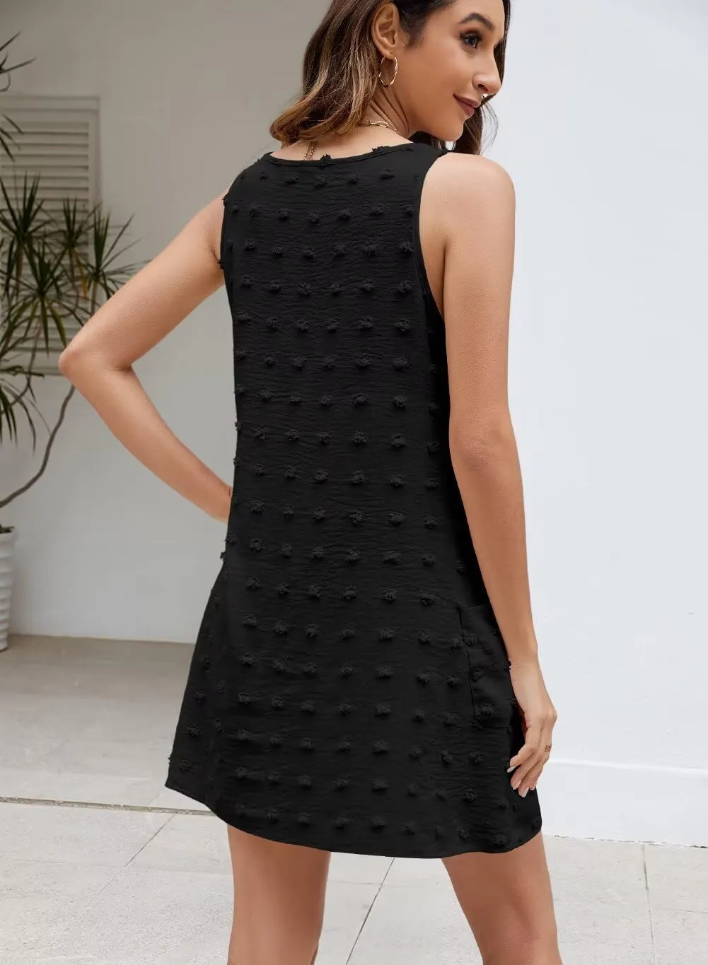 Wkior Womens Casual Summer Sundress 2025 Swiss Polka Dot Beach Swimsuit Cover Up V Neck Vacation Tank Dress with Pockets