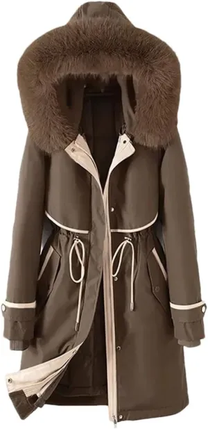 Woman Parker Cotton-Padded Jacket Long Liner Detachable Coat Waist Thick Warm Cotton-Padded Jacket Outwear Brown 3XL