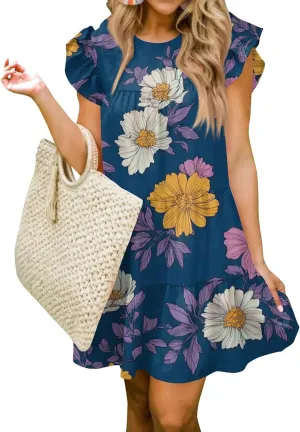 Women Babydoll Summer Casual Crew Neck Ruffle Sleeve Sleeveless Flowy Mini Short Tunic Dress Floral Print Pleated Dress1-Dark Blue,X-Large