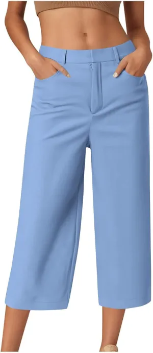 Women Basic Dress Capri Pants Summer Business Casual Work Straight Leg Pant High Waist Stretchy Trousers Loose Office Bottom