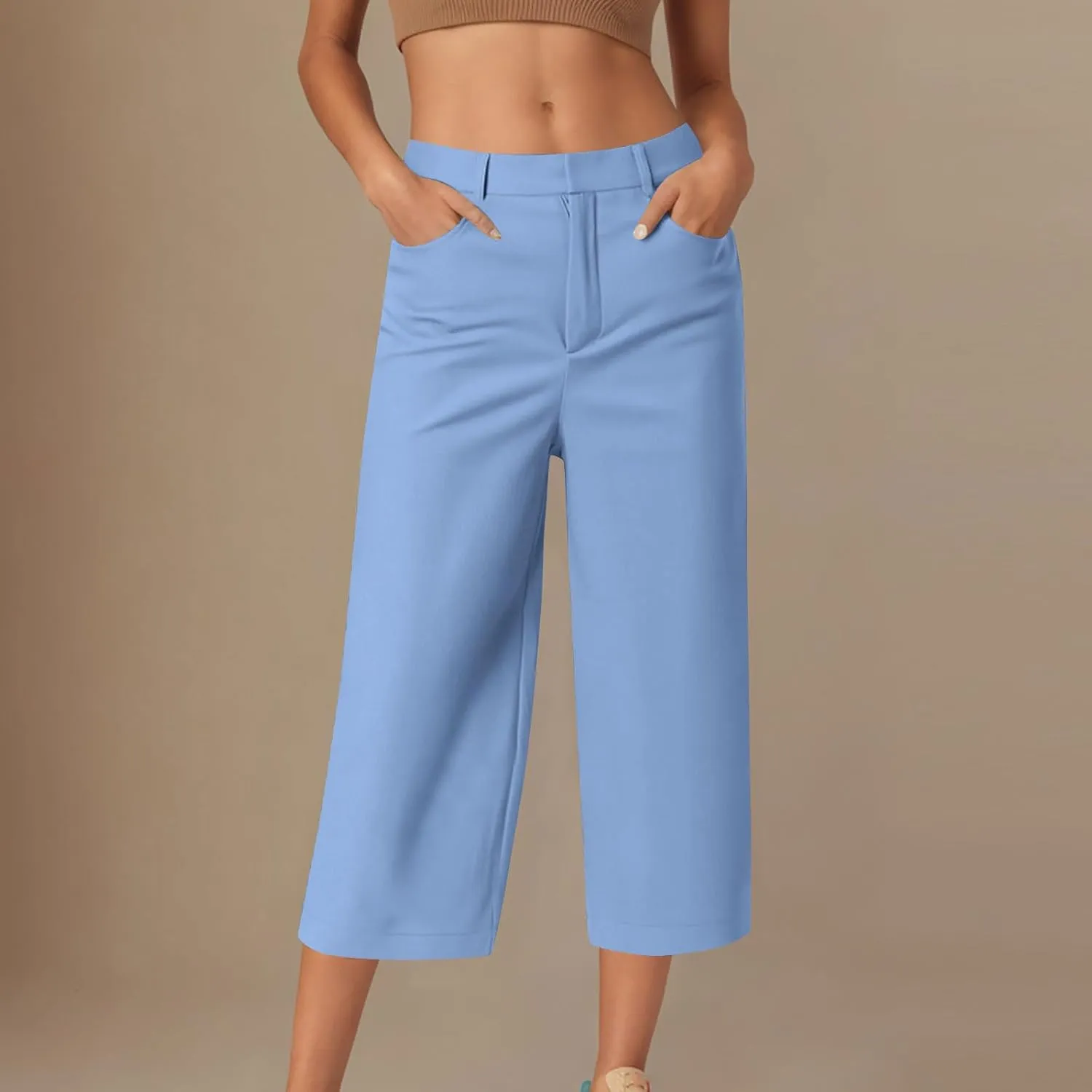 Women Basic Dress Capri Pants Summer Business Casual Work Straight Leg Pant High Waist Stretchy Trousers Loose Office Bottom