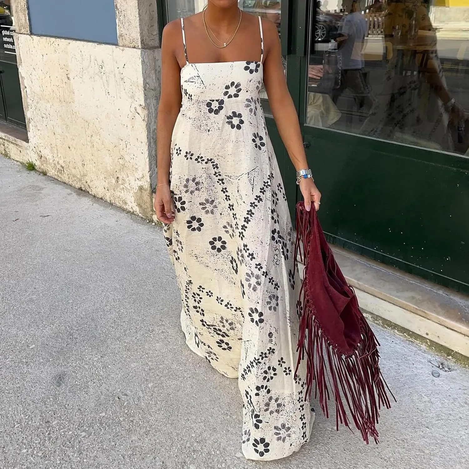 Women Boho Floral Long Cami Dress Backless Square Neck Graffiti Maxi Dress A-line Flowy Summer Beach Sundress