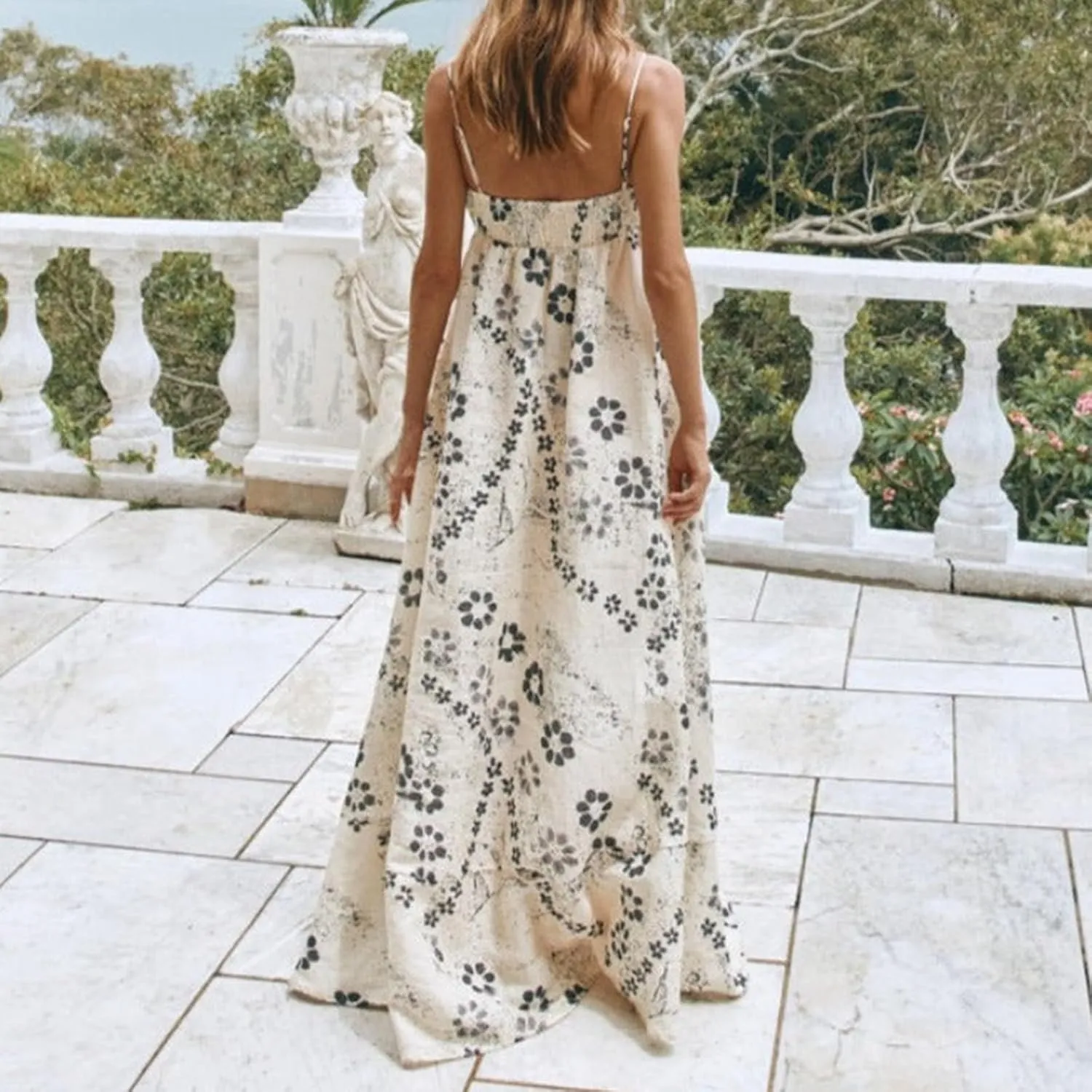 Women Boho Floral Long Cami Dress Backless Square Neck Graffiti Maxi Dress A-line Flowy Summer Beach Sundress
