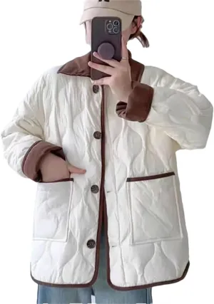 Women Cotton Coat Vintage Pocket Cotton-Padded Jacket Puffer Coat Single-Breasted Lapel Top creamy white M