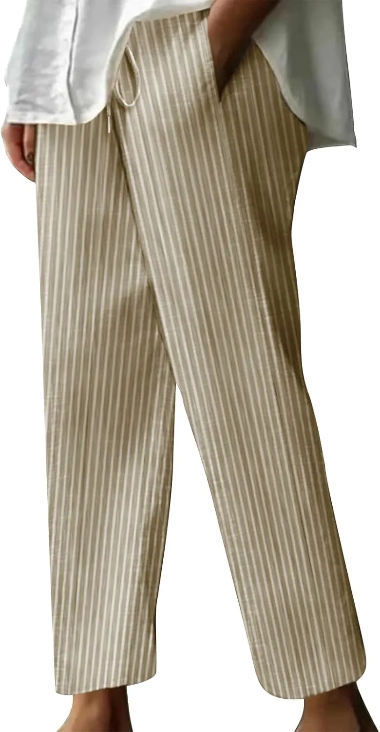 Women Cotton Linen Stripe Casual Pants, Fashion Drawstring Loose Straight Leg Trousers Summer Work Office Trendy Clothes