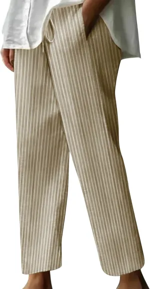 Women Cotton Linen Stripe Casual Pants, Fashion Drawstring Loose Straight Leg Trousers Summer Work Office Trendy Clothes