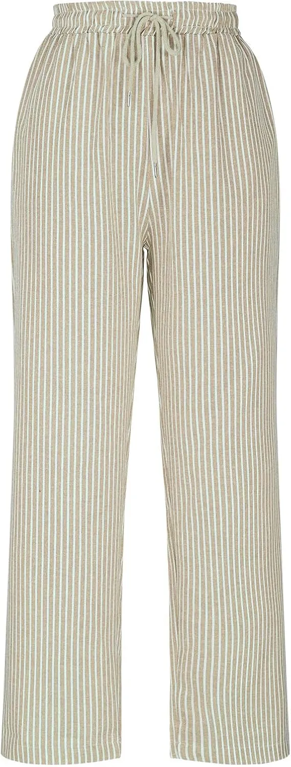 Women Cotton Linen Stripe Casual Pants, Fashion Drawstring Loose Straight Leg Trousers Summer Work Office Trendy Clothes