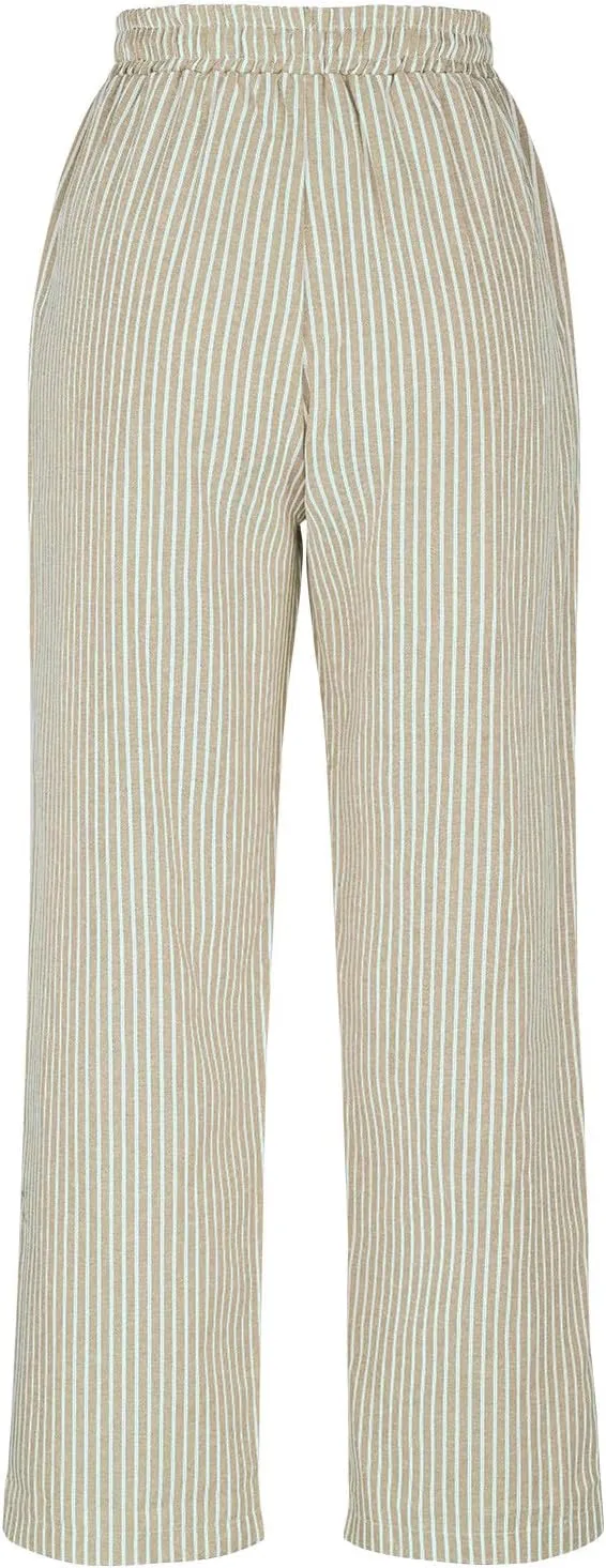 Women Cotton Linen Stripe Casual Pants, Fashion Drawstring Loose Straight Leg Trousers Summer Work Office Trendy Clothes