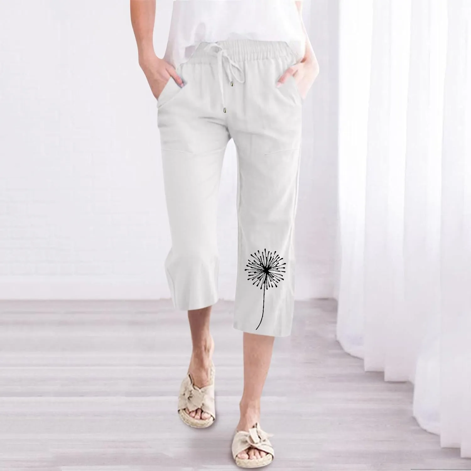 Women Dandelion Print Drawstring Trousers Elastic High Waist Pant Wide Leg Cropped Capri Pants with Pockets (White, L)