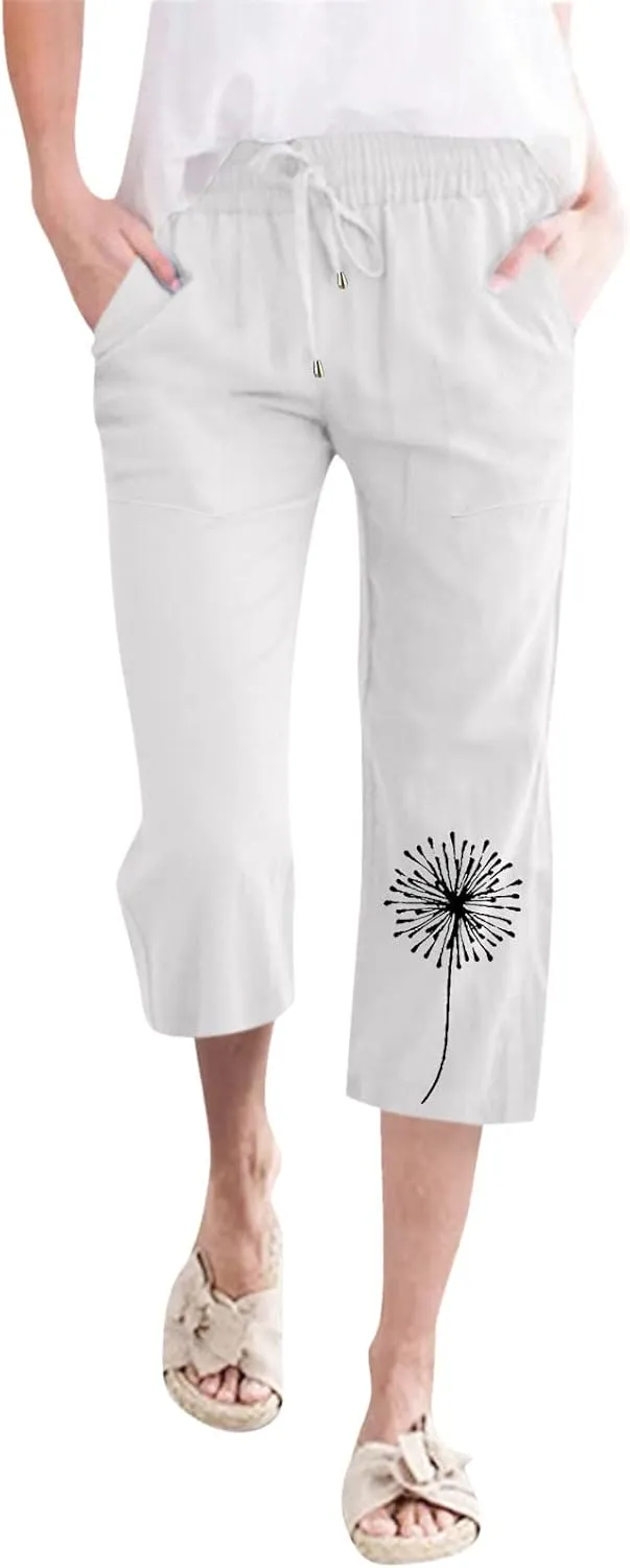 Women Dandelion Print Drawstring Trousers Elastic High Waist Pant Wide Leg Cropped Capri Pants with Pockets (White, L)