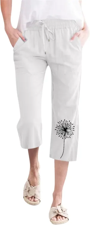 Women Dandelion Print Drawstring Trousers Elastic High Waist Pant Wide Leg Cropped Capri Pants with Pockets (White, L)