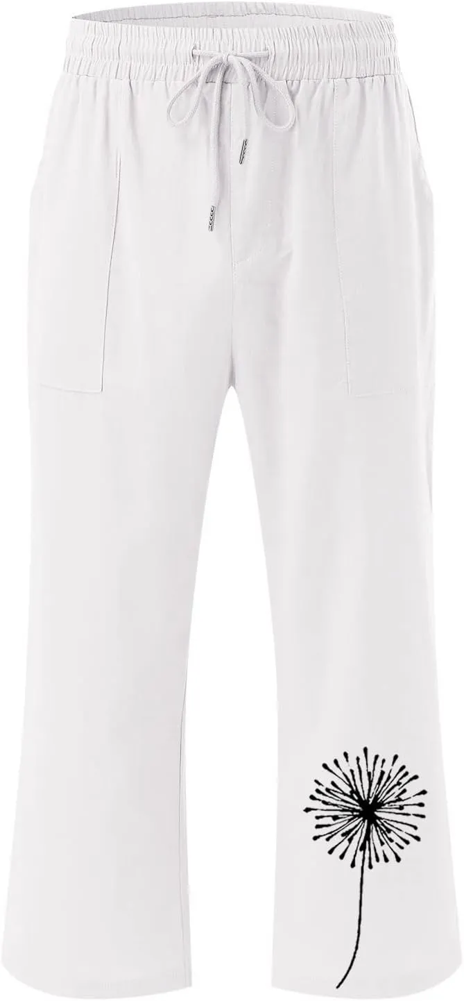 Women Dandelion Print Drawstring Trousers Elastic High Waist Pant Wide Leg Cropped Capri Pants with Pockets (White, L)
