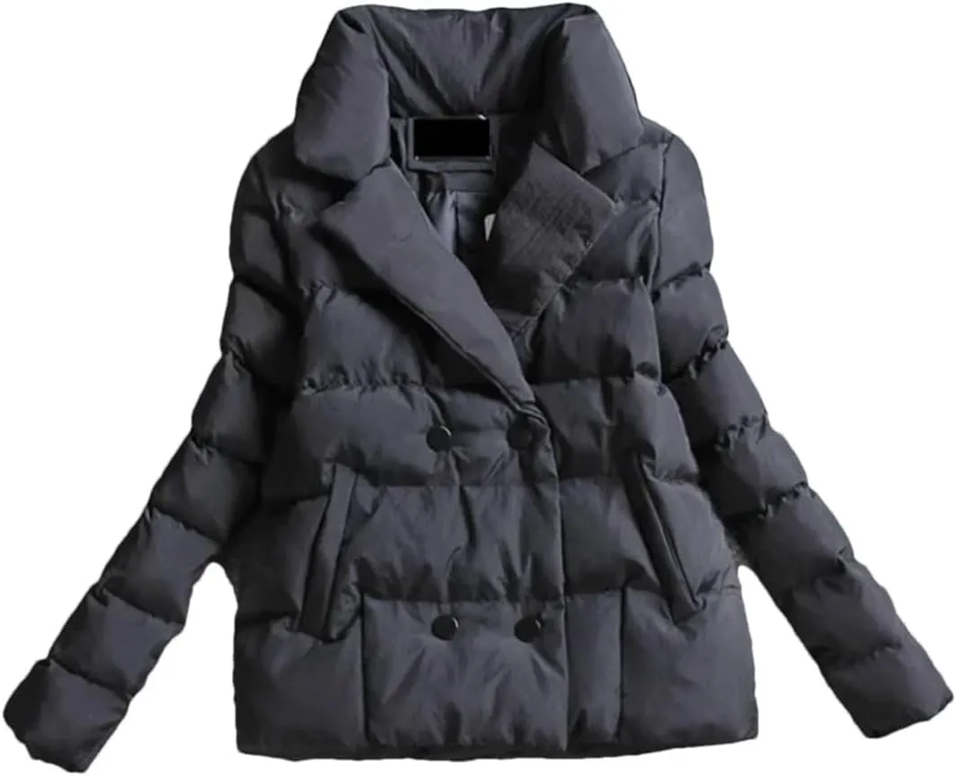 Women Down Cotton-Padded Jacket Short Suit Collar Outerwear solid Colour Long Sleeve Coat black XL