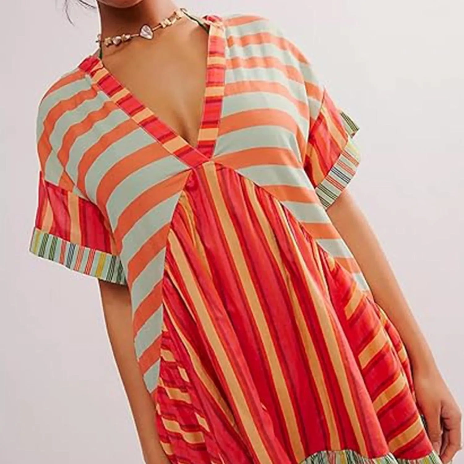 Women Floral Boho Summer Dresses Casual Deep V Neck Short Sleeve Mini Beach Dress Ruffle Flowy Babydoll Dress 2024