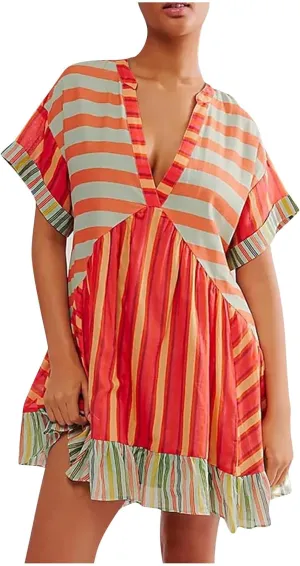 Women Floral Boho Summer Dresses Casual Deep V Neck Short Sleeve Mini Beach Dress Ruffle Flowy Babydoll Dress 2024