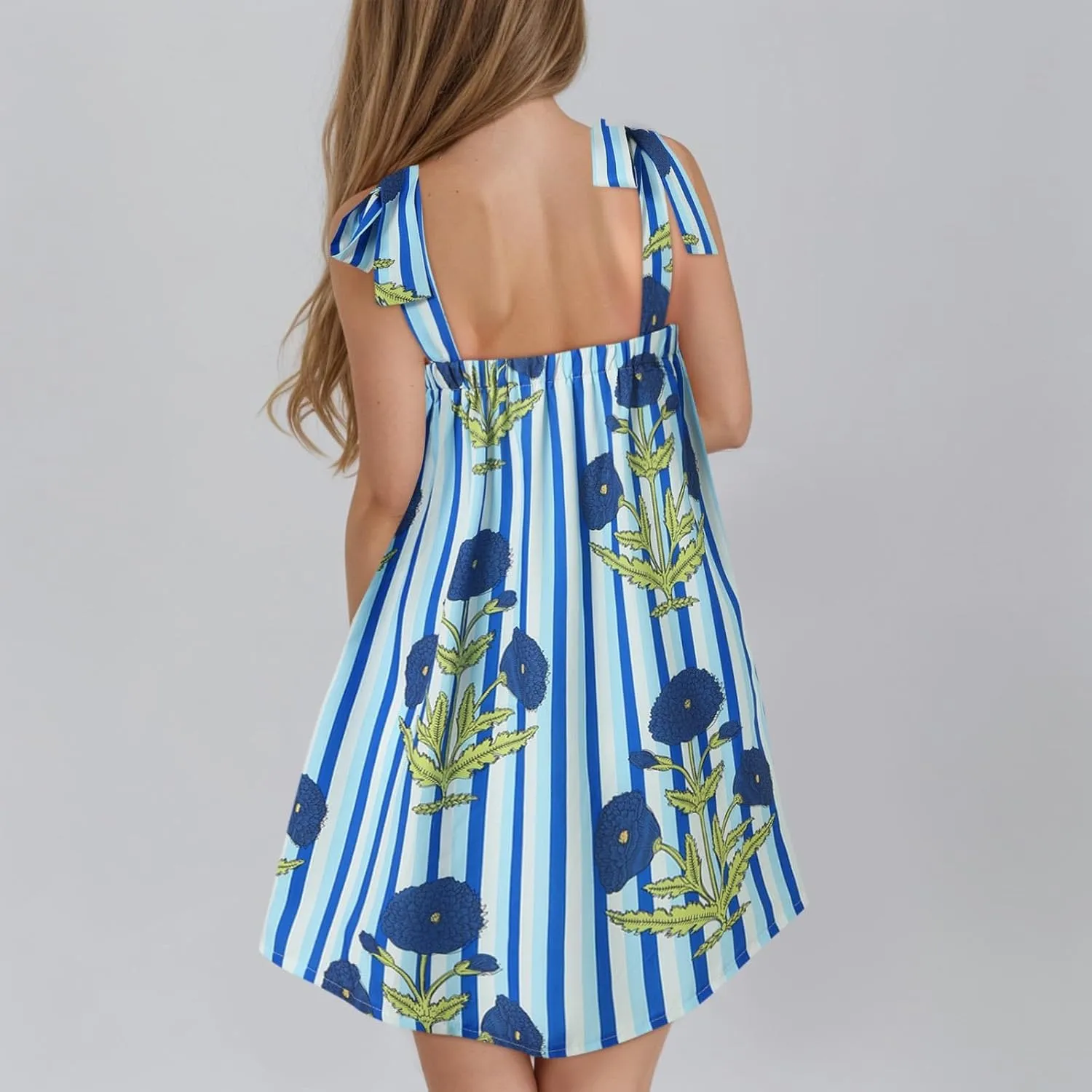 Women Floral Tie Shoulder Mini Dress Cute Square Neck Loose Fit Beach Short Dress Backless Boho Vocation Sundress