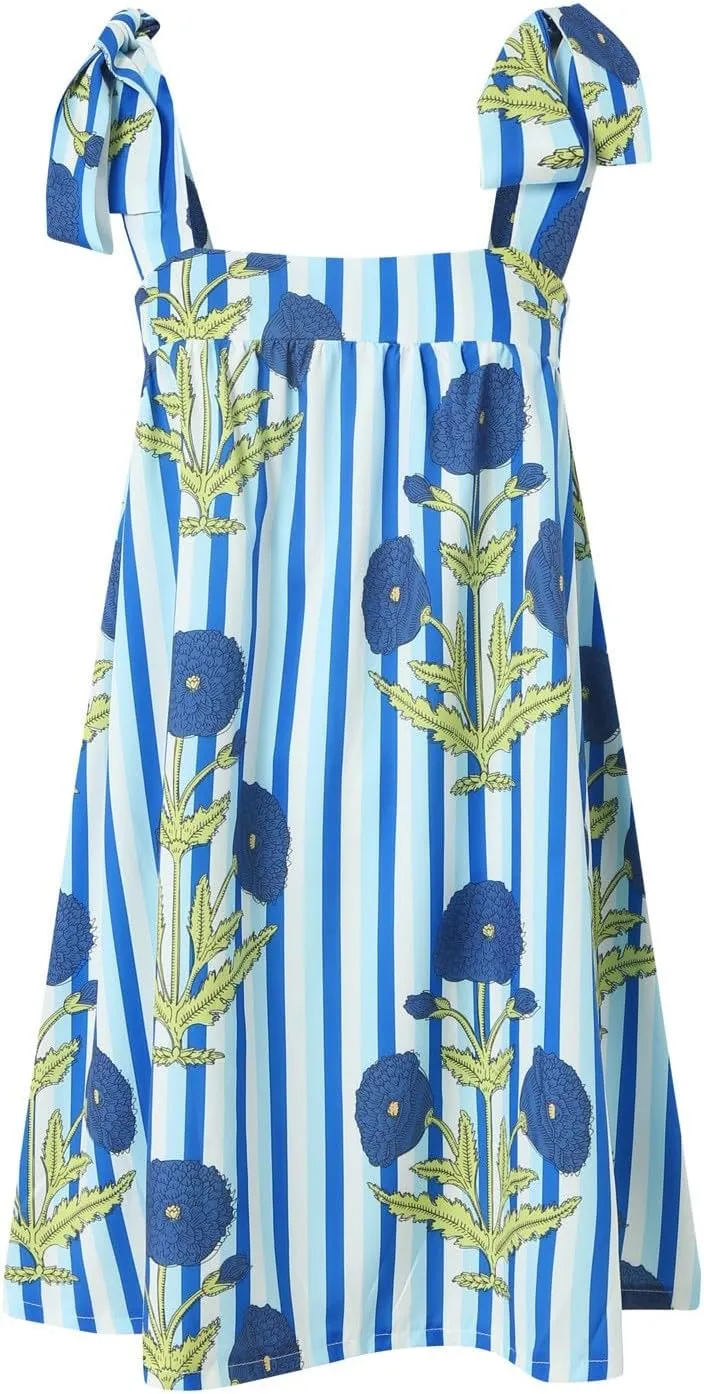 Women Floral Tie Shoulder Mini Dress Cute Square Neck Loose Fit Beach Short Dress Backless Boho Vocation Sundress