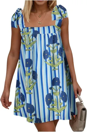 Women Floral Tie Shoulder Mini Dress Cute Square Neck Loose Fit Beach Short Dress Backless Boho Vocation Sundress
