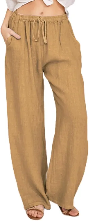 Women High Waist Linen Pants Straight Leg Casual Summer Beach Lightweight Drawstring Wide Leg Long Palazzo Trousers