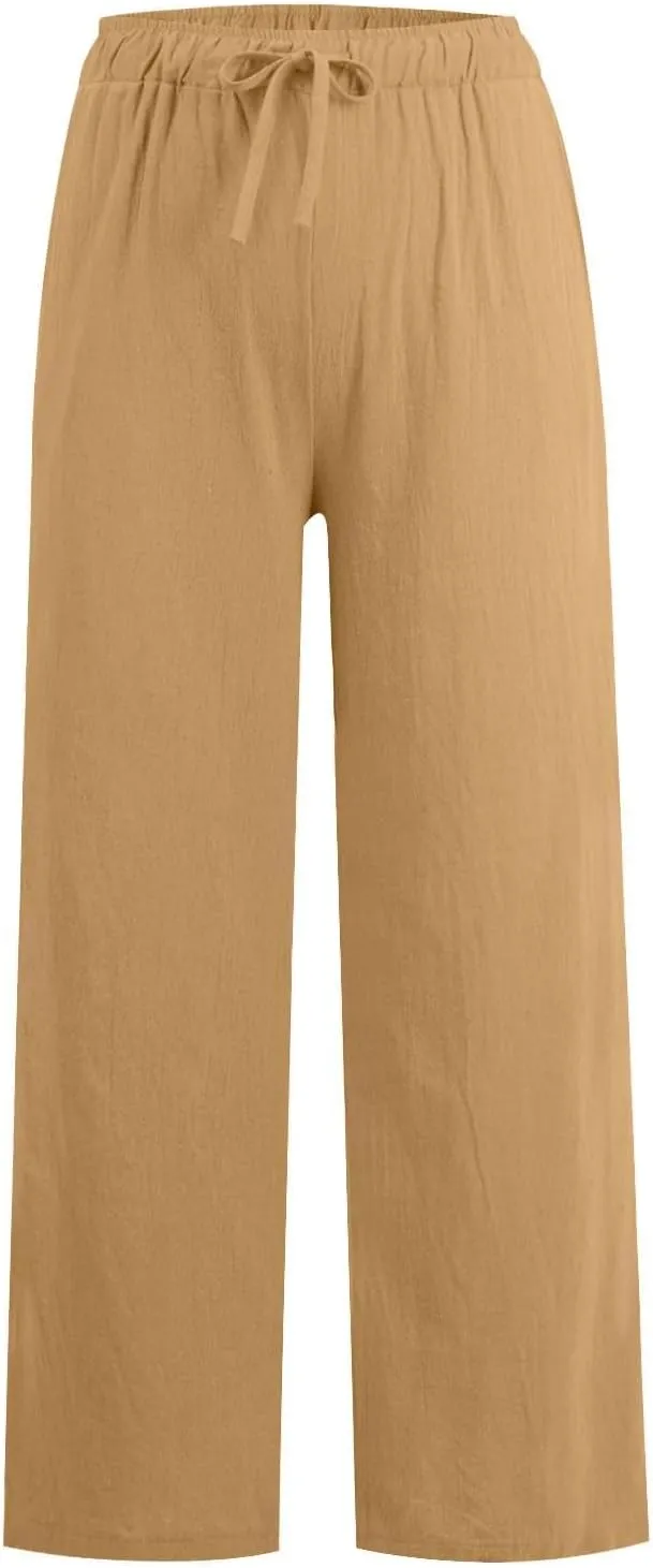 Women High Waist Linen Pants Straight Leg Casual Summer Beach Lightweight Drawstring Wide Leg Long Palazzo Trousers