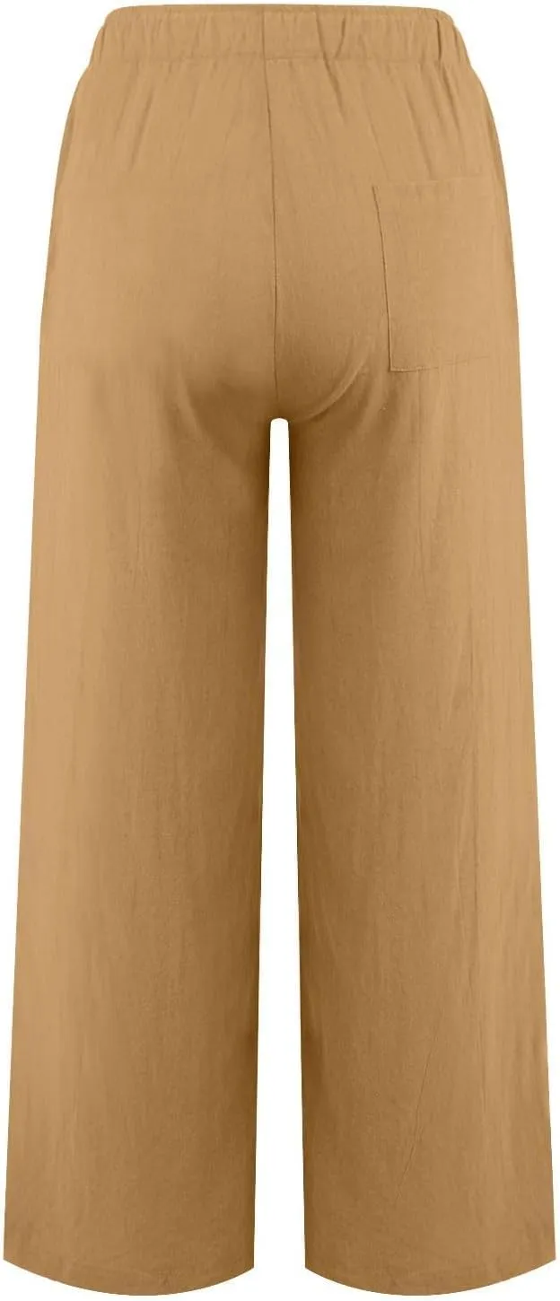 Women High Waist Linen Pants Straight Leg Casual Summer Beach Lightweight Drawstring Wide Leg Long Palazzo Trousers