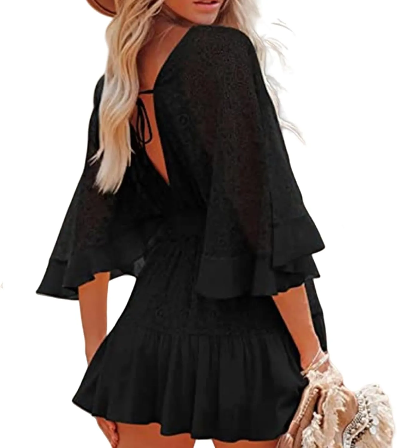 Women Lace Crochet Romper Dresses Casual Batwing Sleeve Backless Ruffle A-Line Dress Summer Flowy Swing Beach Dress