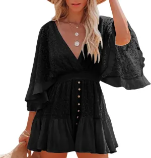 Women Lace Crochet Romper Dresses Casual Batwing Sleeve Backless Ruffle A-Line Dress Summer Flowy Swing Beach Dress