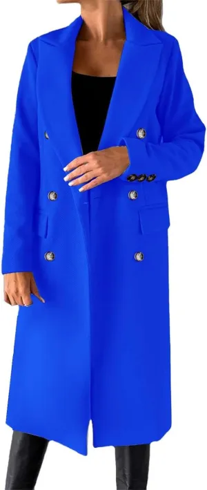 Women Length Trench Notched Lapel Double Breasted Casual Coat Winter Thermal Business Office Work Outwear with Pocket