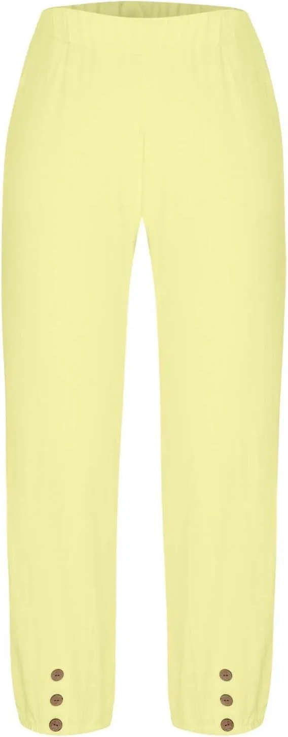 Women Linen Capri Pants Summer Casual Drawstring Elastic High Waist Pants Baggy Wide Leg Cropped Lounge Trousers