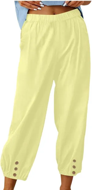 Women Linen Capri Pants Summer Casual Drawstring Elastic High Waist Pants Baggy Wide Leg Cropped Lounge Trousers