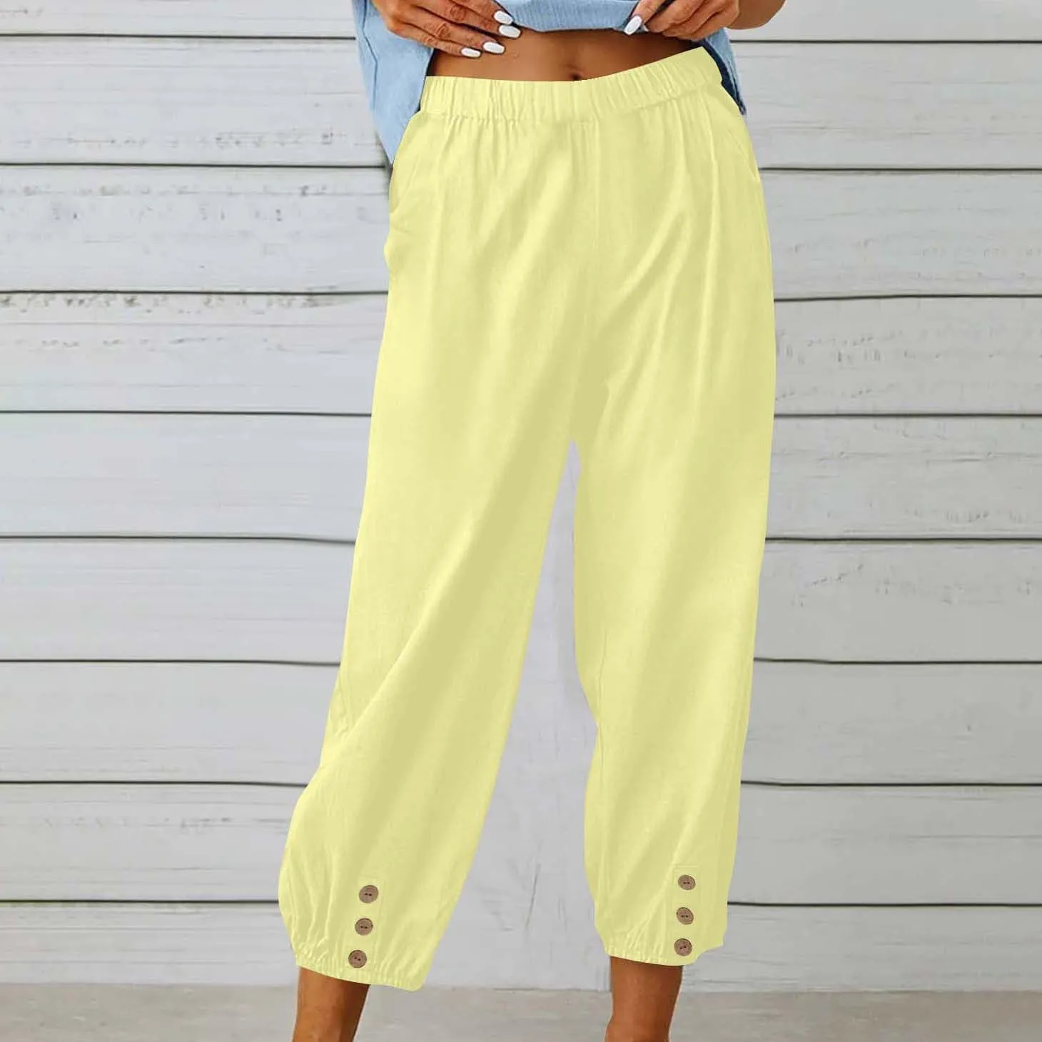 Women Linen Capri Pants Summer Casual Drawstring Elastic High Waist Pants Baggy Wide Leg Cropped Lounge Trousers