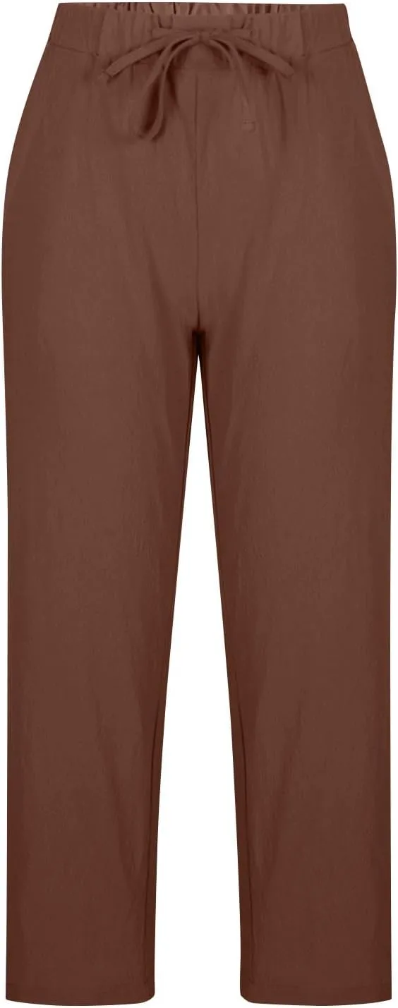 Women Linen Pants Capri Lightweight Spring Summer Pants for Beach Elastic Drawstring Wide Leg Trousers with Pockets