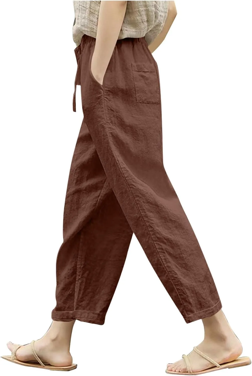 Women Linen Pants Capri Lightweight Spring Summer Pants for Beach Elastic Drawstring Wide Leg Trousers with Pockets