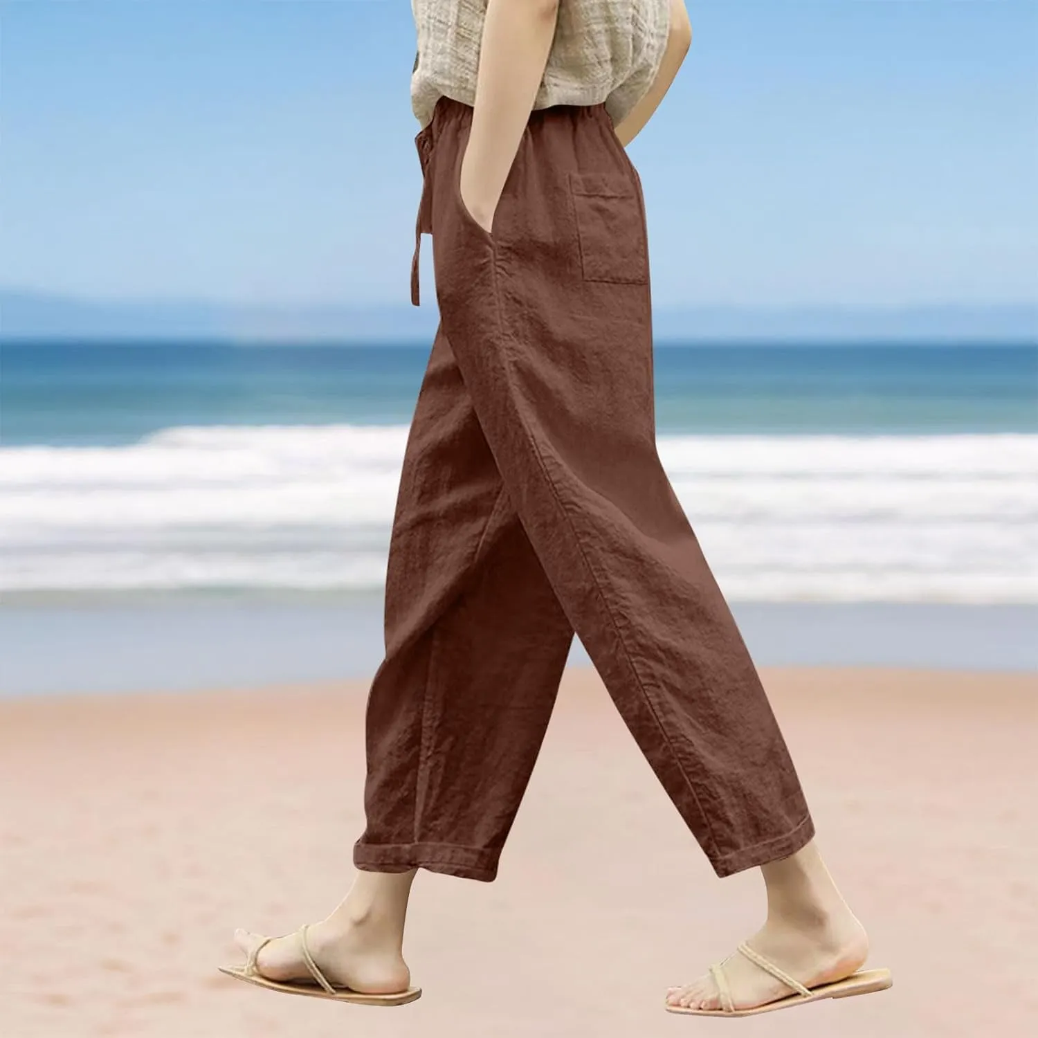 Women Linen Pants Capri Lightweight Spring Summer Pants for Beach Elastic Drawstring Wide Leg Trousers with Pockets