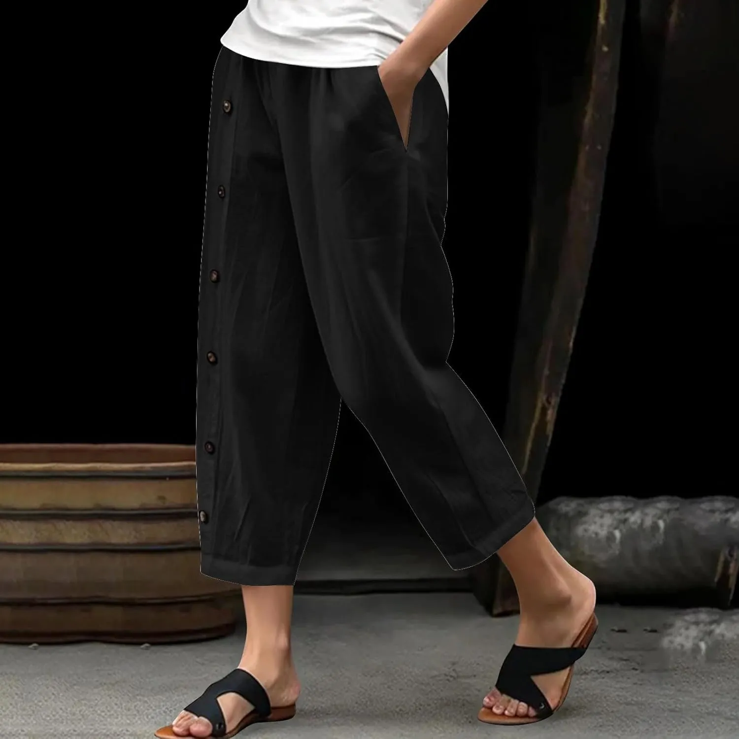 Women Linen Pants Plus Size Summer Trendy High Waisted Straight Leg Pants Comfy Loose Fit Cropped Trousers with Pockets