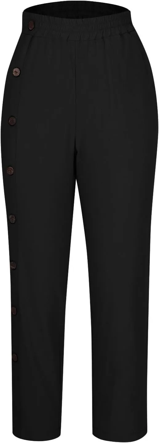 Women Linen Pants Plus Size Summer Trendy High Waisted Straight Leg Pants Comfy Loose Fit Cropped Trousers with Pockets