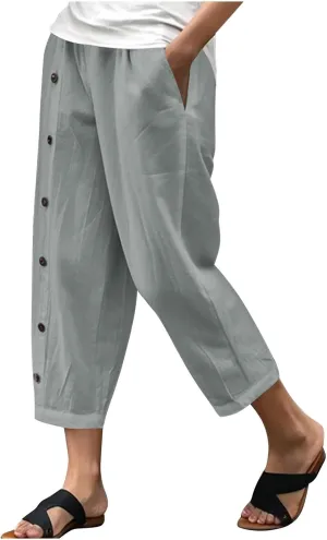 Women Linen Pants Plus Size Summer Trendy High Waisted Straight Leg Pants Comfy Loose Fit Cropped Trousers with Pockets