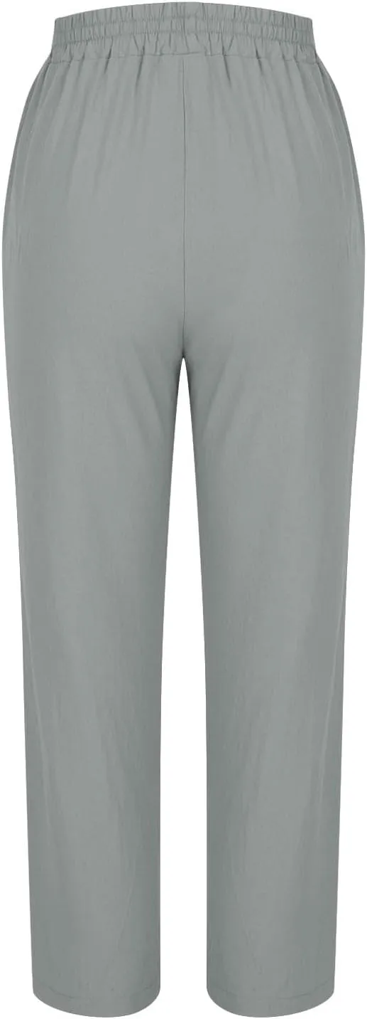 Women Linen Pants Plus Size Summer Trendy High Waisted Straight Leg Pants Comfy Loose Fit Cropped Trousers with Pockets