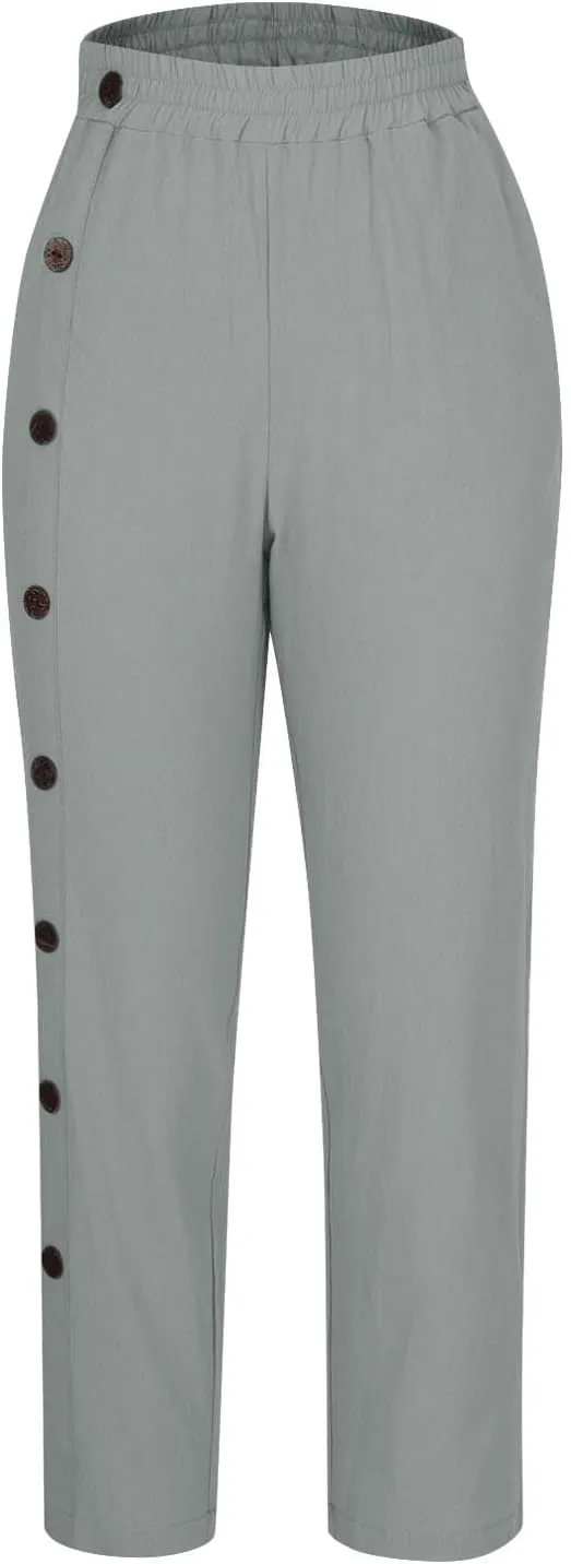Women Linen Pants Plus Size Summer Trendy High Waisted Straight Leg Pants Comfy Loose Fit Cropped Trousers with Pockets