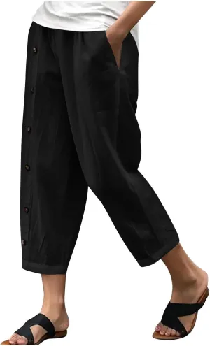 Women Linen Pants Plus Size Summer Trendy High Waisted Straight Leg Pants Comfy Loose Fit Cropped Trousers with Pockets