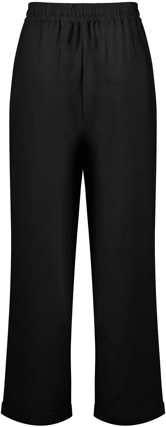 Women Linen Pants Summer Drawstring High Waisted Straight Leg Cotton Pants Casual Comfy Beach Trouser with Pockets