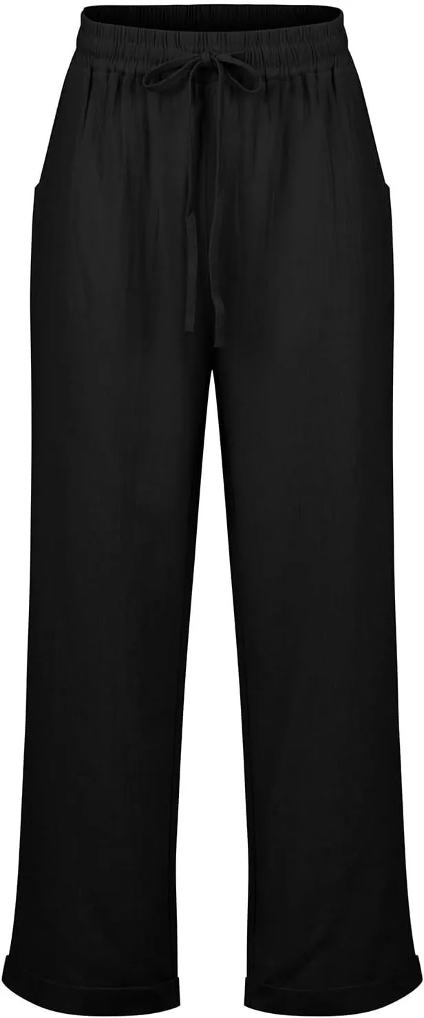 Women Linen Pants Summer Drawstring High Waisted Straight Leg Cotton Pants Casual Comfy Beach Trouser with Pockets
