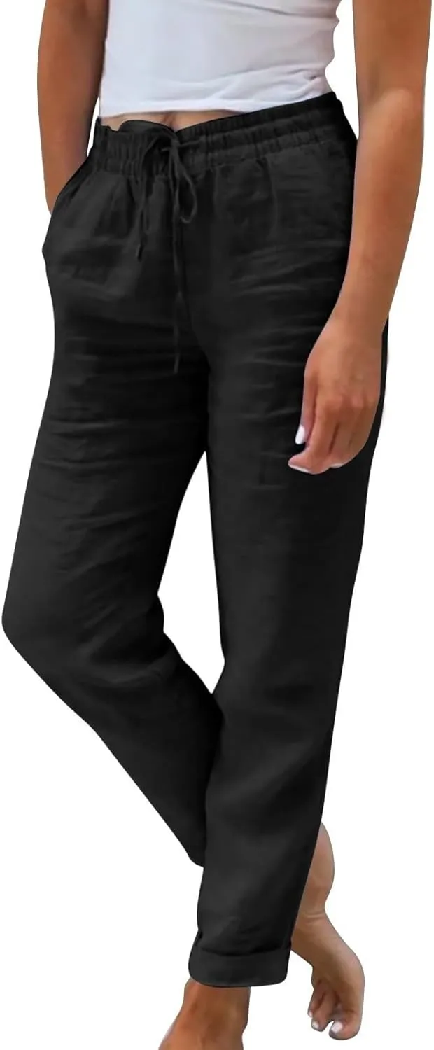Women Linen Pants Summer Drawstring High Waisted Straight Leg Cotton Pants Casual Comfy Beach Trouser with Pockets