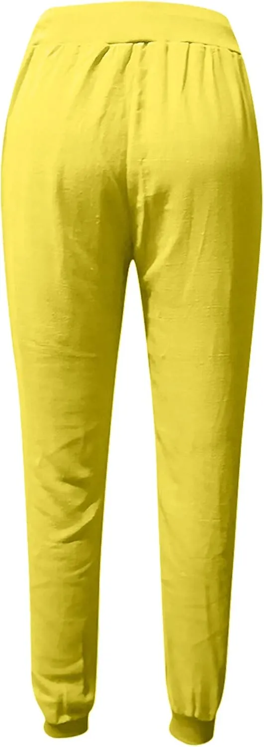 Women Linen Pants Summer Wide Leg Pants Lightweight Casual Palazzo Trouser with Pockets Baggy Solid Color Trousers