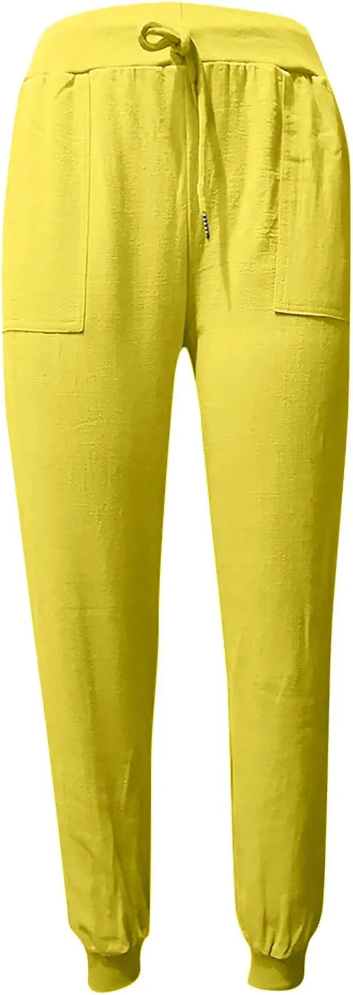 Women Linen Pants Summer Wide Leg Pants Lightweight Casual Palazzo Trouser with Pockets Baggy Solid Color Trousers