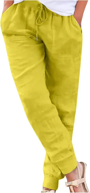Women Linen Pants Summer Wide Leg Pants Lightweight Casual Palazzo Trouser with Pockets Baggy Solid Color Trousers