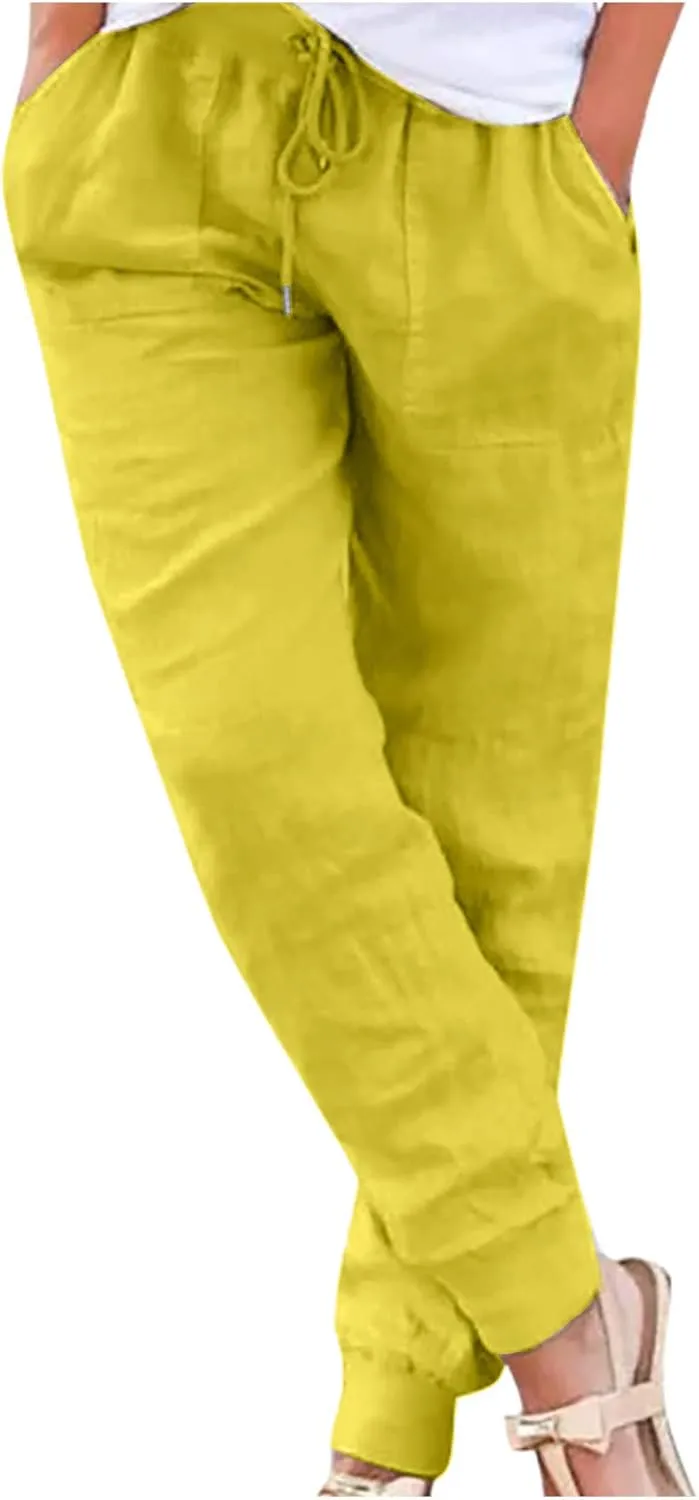 Women Linen Pants Summer Wide Leg Pants Lightweight Casual Palazzo Trouser with Pockets Baggy Solid Color Trousers