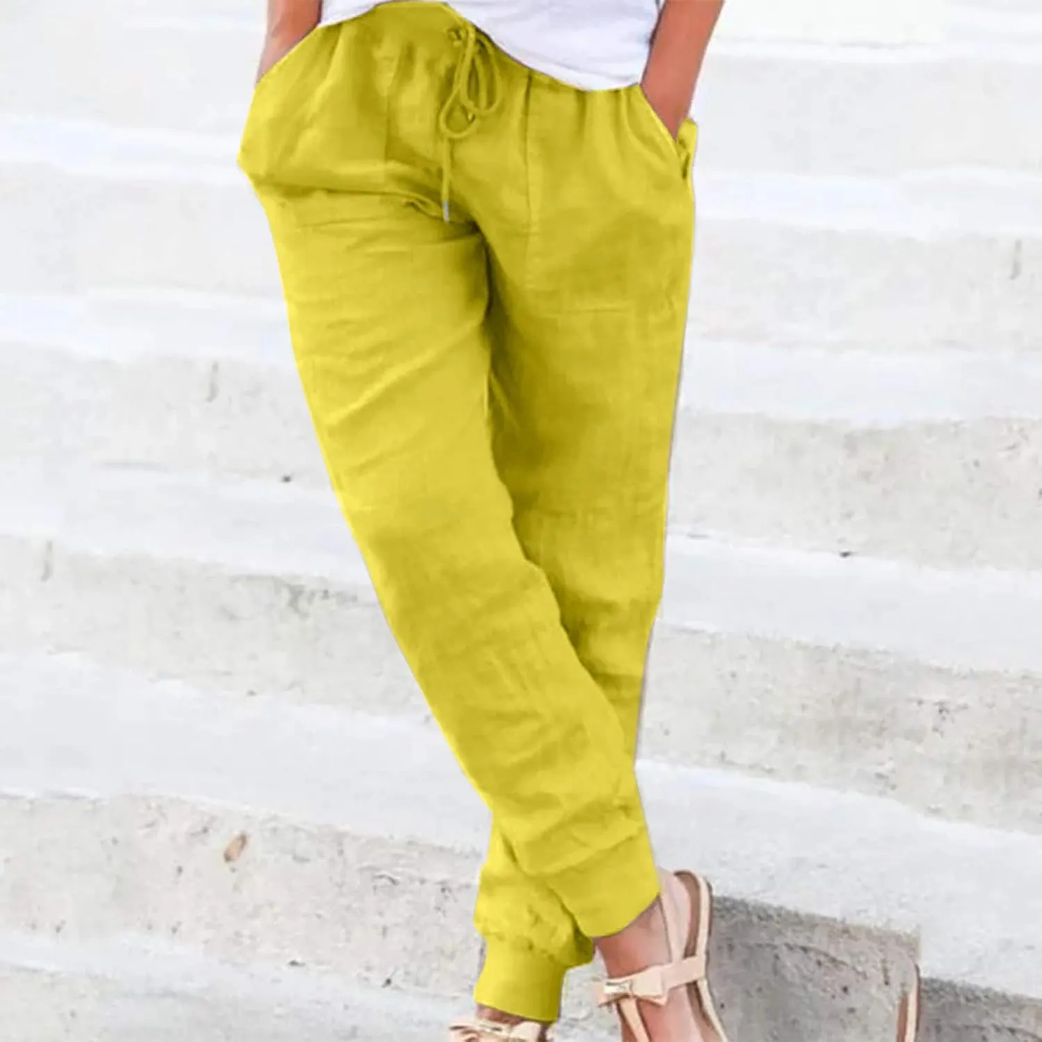 Women Linen Pants Summer Wide Leg Pants Lightweight Casual Palazzo Trouser with Pockets Baggy Solid Color Trousers